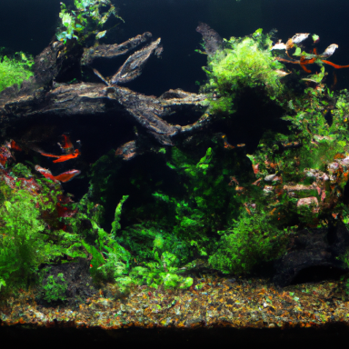 Aquarium mit bunten Fischen, lebendigen Pflanzen und Holzdekoration.