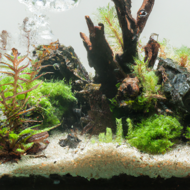 Aquarienlandschaft mit Moosen, Pflanzen und Wurzeln in sandigem Substrat.