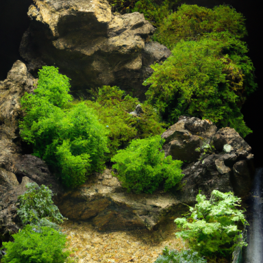 Aquarienlandschaft mit verschiedenen Grünen Pflanzen und Steinen.