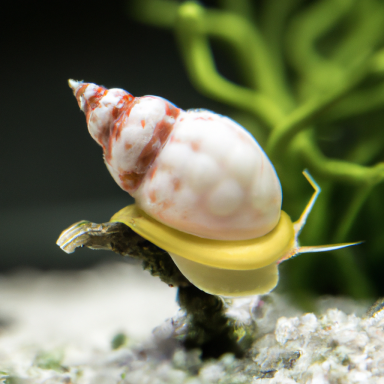 Schnecke mit spiraliger, rötlich-weißer Schale auf grünem Untergrund.